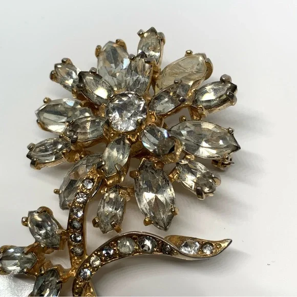 Vintage Original Eisenberg Goldtone Clear Rhinestone Flower Brooch - Picture 6 of 6